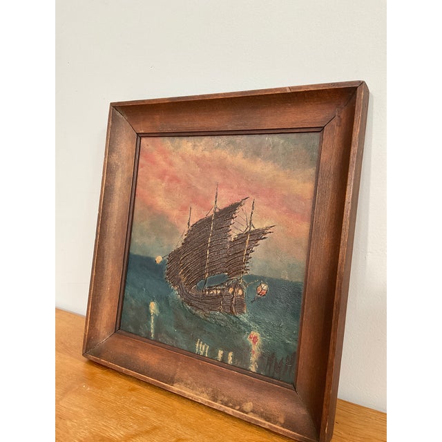 Mid-Century Modern Original Antique Painting Art of Ship by h.m. Hartman 1927 For Sale - Image 3 of 6
