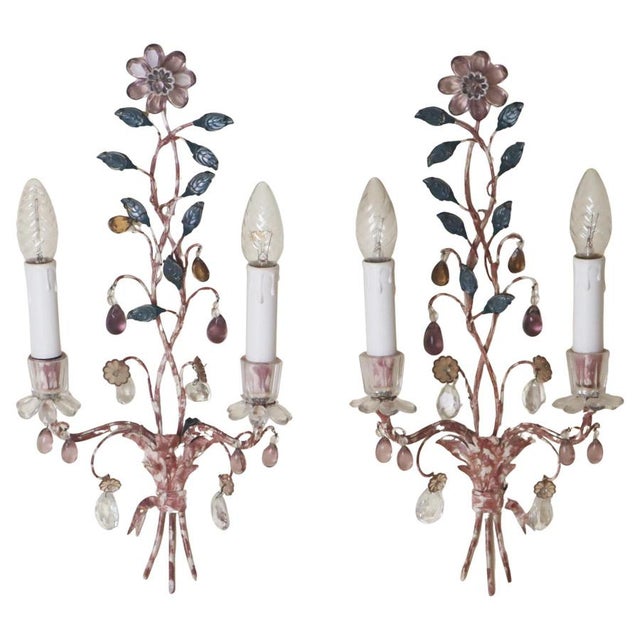 Wall Lights with Crystal Glass Flowers and Marbled Metal attributed to Maison Baguès, 1950s, Set of 2 For Sale - Image 15 of 15