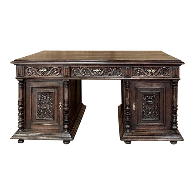 Antique French Neoclassical Henri II Oak Partner's Desk For Sale