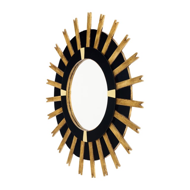 Modernist, Spanish Sunburst Mirror, Gold Leaf and Black Glass For Sale - Image 4 of 9