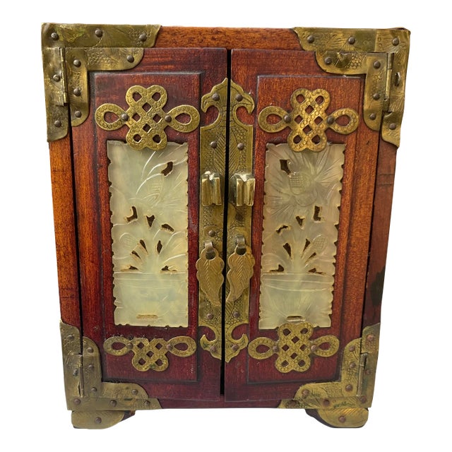1960's Wooden Chinese Jewelry Cabinet With Jade Inlays For Sale
