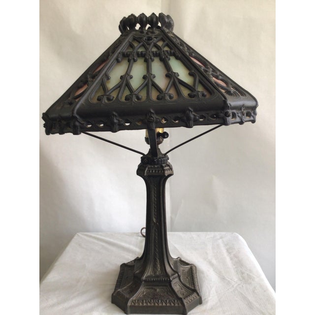 1920a Ornate Iron Leaded Glass Table Lamp For Sale - Image 4 of 11
