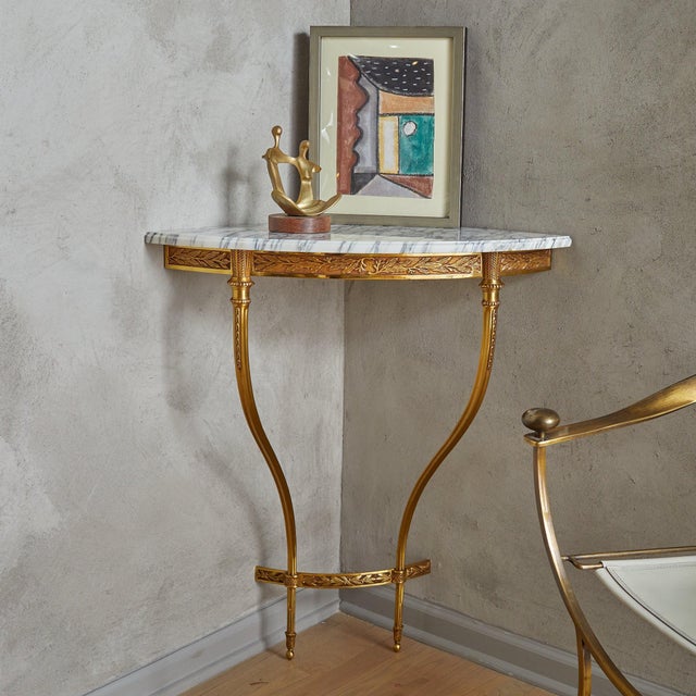 French Wall-Mounted Corner Console with Carrara Marble Top 1950s - 2 Available For Sale - Image 4 of 11