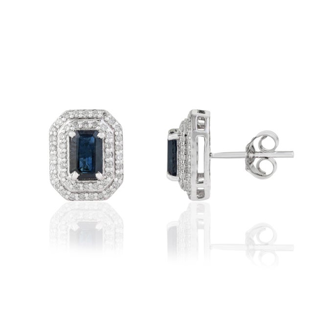 1.46ct Blue Sapphire & Diamond Double Halo Art Deco Earrings in 14k Gold- A Pair For Sale - Image 4 of 16