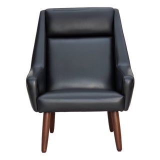 Danish Highback Armchair in Black Leatherette and Teak, 1970s For Sale