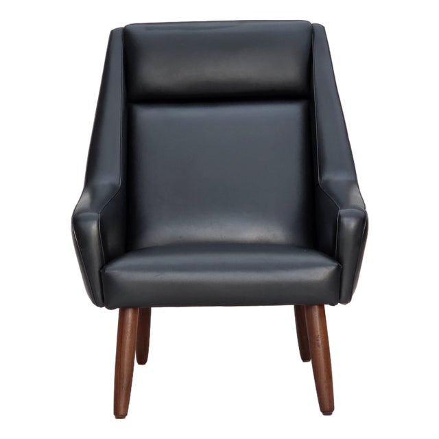 Danish Highback Armchair in Black Leatherette and Teak, 1970s For Sale