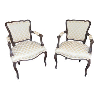 Pair of Carved Walnut French Louis XV Style Fauteuil Armchairs 1940s For Sale