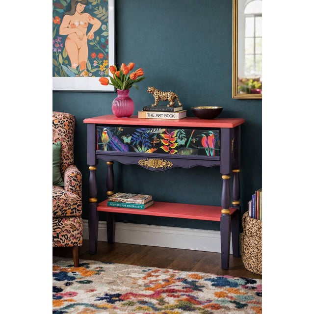 Pink & Purple Artisan Bohemian Console Table With Birds For Sale - Image 15 of 15