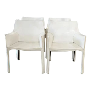 Set of 4 Mid 20th Century White Leather Cab Armchairs by Cassina