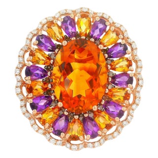 12.39 Carats Multi-Colored Gemstones Diamond 14k Rose Gold Sunflower Halo Ring, Size 7 For Sale