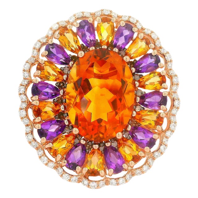 12.39 Carats Multi-Colored Gemstones Diamond 14k Rose Gold Sunflower Halo Ring, Size 7 For Sale