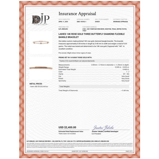 Ladies 14k Rose Gold Three Butterfly Diamond Flexible Bangle Bracelet For Sale In Houston - Image 6 of 8