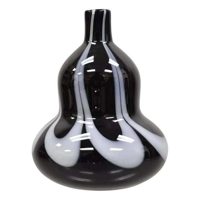 Vintage Murano Style Black and White Hand Blown Art Glass Small Vase For Sale