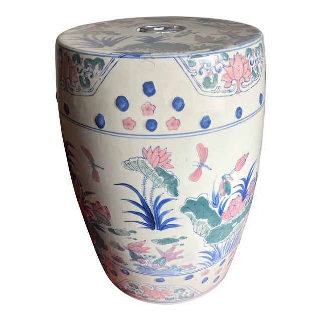 Late 20th Century Garden Stool Chinoiserie Pastel Ceramic Pink Lotus For Sale