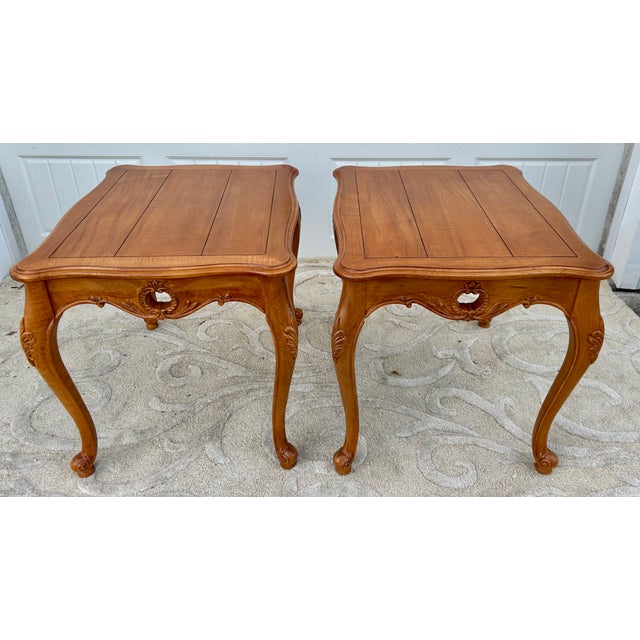 Vintage Pair of Ethan Allen Country French Syle Carved Side Tables For Sale - Image 10 of 15