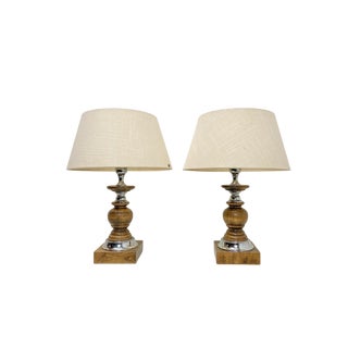 Spanish Turned Oak and Chromed Table Lamps, 1960s, Set of 2 For Sale