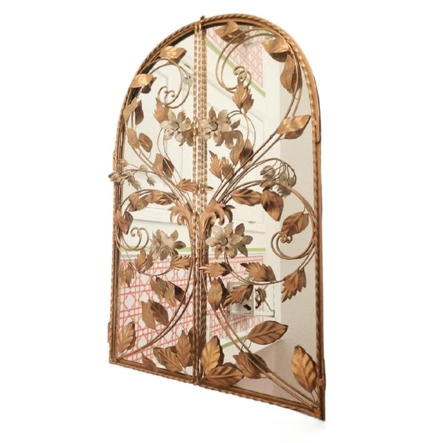 Traditional Vintage Tole Arched Regency 2 Door Gold Floral Wall Mirror For Sale - Image 3 of 12