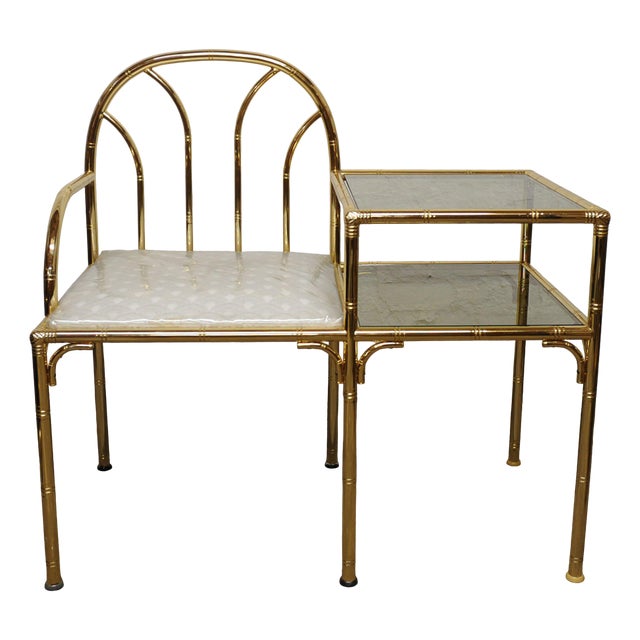 Vintage Hollywood Regency Brass and Faux Bamboo Telephone Seat, 1970s For Sale
