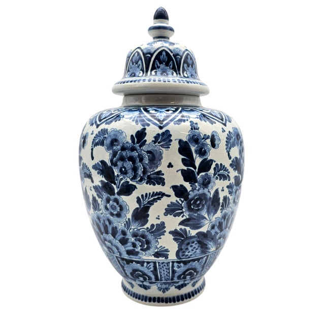 Ceramic Hand Painted Oud Delft Blue White Lidded Ginger Jar Vase 14.5" Hand Painted Dutch Faience For Sale - Image 7 of 13