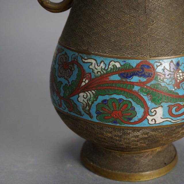 Antique Chinese Bronze Cloisonne Enameled Double Handled Vase, Circa 1910 For Sale - Image 4 of 8