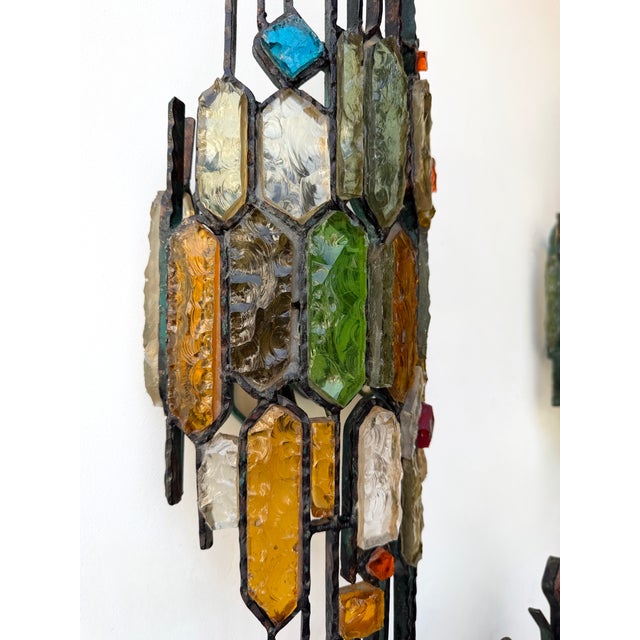 Hammered Glass Wrought Iron Sconces by Longobard, Italy, 1970s, Set of 3 For Sale - Image 11 of 14