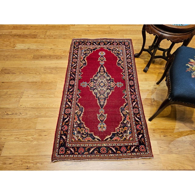Textile Vintage Persian Kashan Rug, Hand-Knotted Wool, Medallion Floral Pattern, Red & Navy, 3x5 For Sale - Image 7 of 9