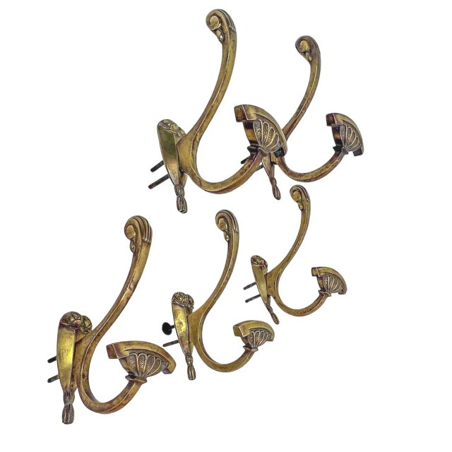 Set of 5 Empire bronze coat hooks from France, ca 1850, heavy quality. Beautifully crafted and detailed with roses and...