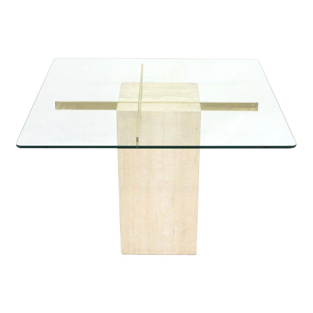 Square Travertine Marble Pedestal And Brass Glass Top Dining Game Table Chairish