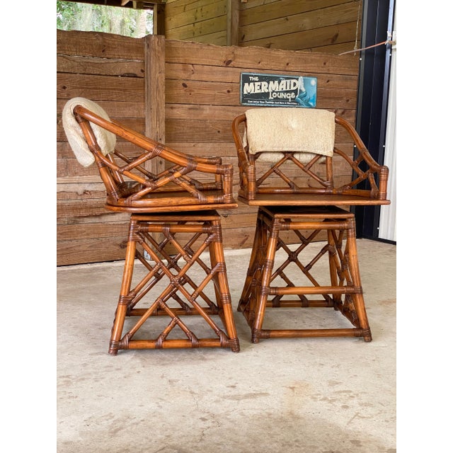 Vintage Coastal Chippendale Rattan Swivel Counter Stools-Pair For Sale - Image 11 of 12
