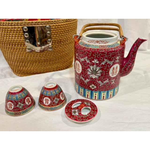 Vintage Chinese Tea Set in Wicker Basket For Sale - Image 4 of 10