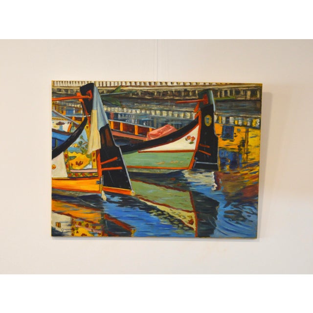 Aveiro Moliceiros, Boats, Portugal, 2002, Oil on Canvas For Sale - Image 7 of 7