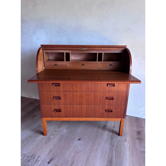 Mid-Century Teak Rolltop Secretary Desk Signed Egon Ostergaard With Label Made in Sweden For Sale In San Diego - Image 6 of 17