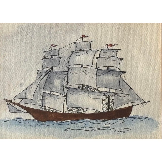 Original 1979 Pair of Nautical Clipper Ship Paintings in Pen, Ink, & Watercolor For Sale - Image 4 of 9