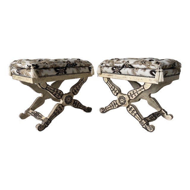 Vintage Maison Jansen Neoclassical-Style Carved Wood Ottomans – Pair For Sale