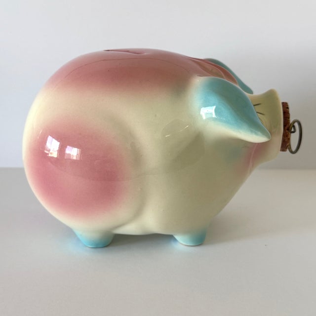 Shabby Chic Vintage Hull Corky Piggy Bank W Pink and Blue Highlights 1957 For Sale - Image 3 of 10