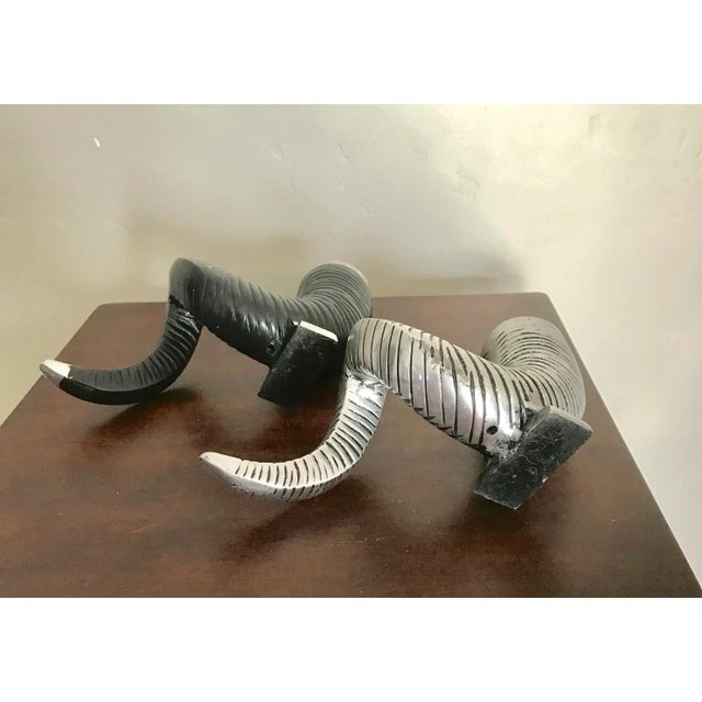 Black and Silver Color Metal Ram Horn Candle Holders - a Pair For Sale - Image 4 of 8