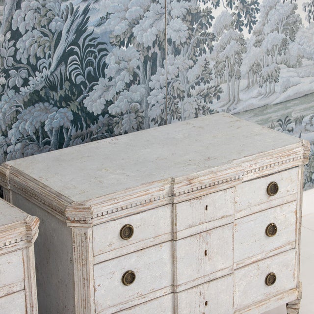 Pair of 19th C. Swedish Gustavian Breakfront Commodes in Original Soft Gray Paint For Sale - Image 10 of 14
