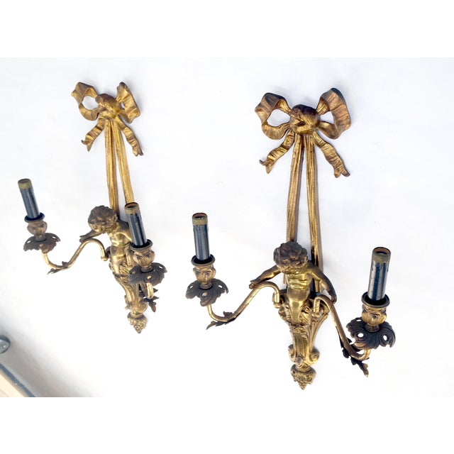 Pair Antique Gilt Bronze Two-Light Wall Sconce w/ Cherub Louis XVI Style NICE