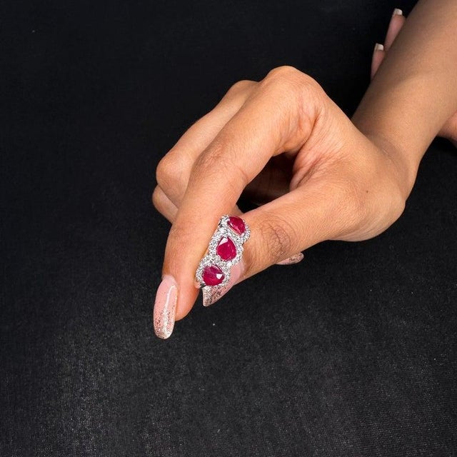 Pear Cut Ruby and Diamond Trilogy Ring in 18k White Gold Size 7 For Sale - Image 4 of 12