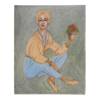 Mid 20th Century Portrait Woman With Potted Flowers Painting For Sale