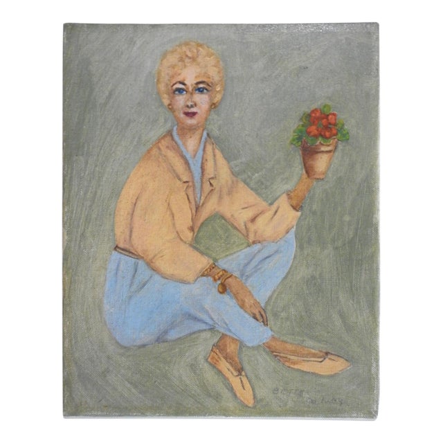 Mid 20th Century Portrait Woman With Potted Flowers Painting For Sale