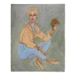 Mid 20th Century Portrait Woman With Potted Flowers Painting