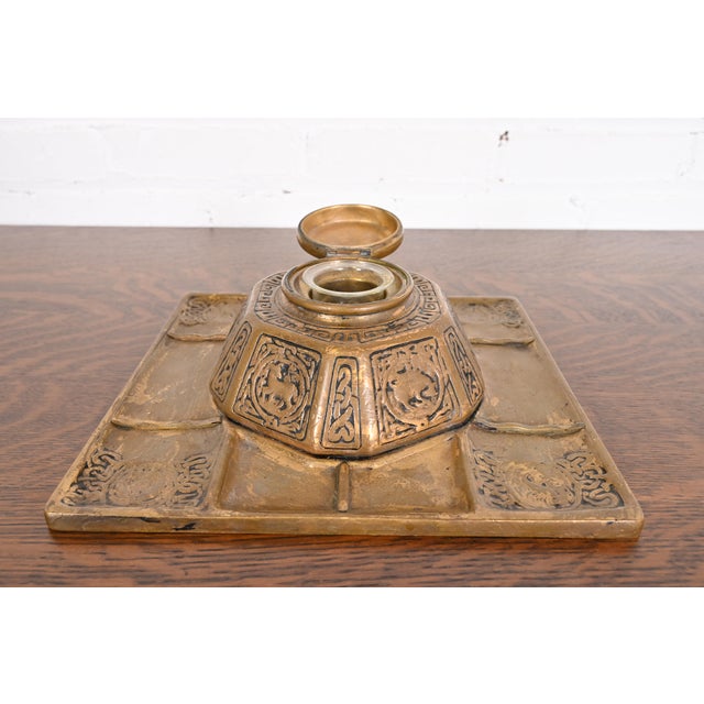 Metal Tiffany Studios New York Zodiac Bronze Partner's Inkwell With Desk Tray For Sale - Image 7 of 12