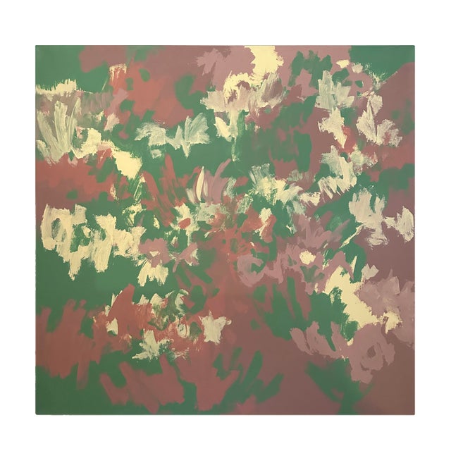 Late 20th Century Extra Large Green, Yellow, and Mauve Abstract Painting on Canvas For Sale