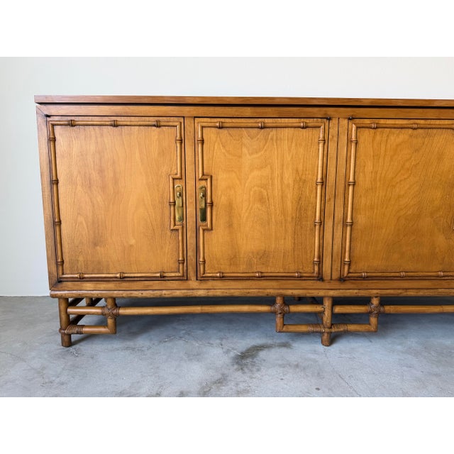 Vintage Ficks Reed Palm Beach Faux Bamboo Wood Sideboard With Brass Pulls For Sale - Image 4 of 12