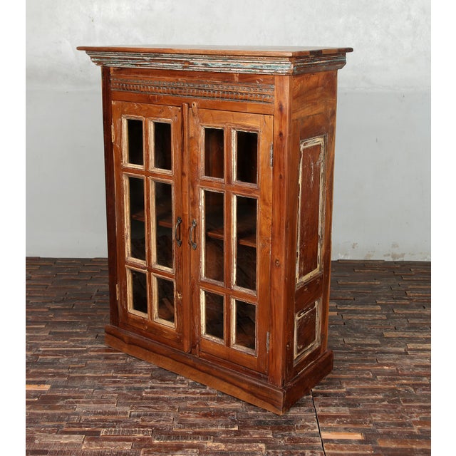 Wood Solid Reclaimed Teak Wood Cabinet With Glass-Fronted Doors & Decorative Moldings For Sale - Image 7 of 8