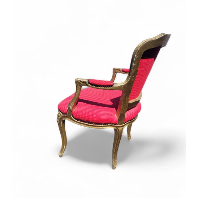 Vintage French Louis XV Style Giltwood Armchair with Rococo Carved Frame and Nailhead Trim, 1940s For Sale - Image 14 of 17