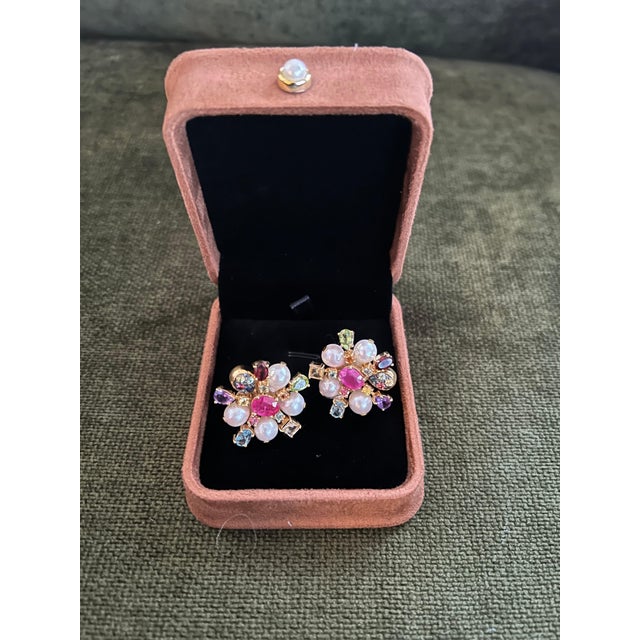 Pink Bochic "Orient" Ruby, Sapphire & Multi Gem Earrings Set 18K Gold & Silver For Sale - Image 8 of 18