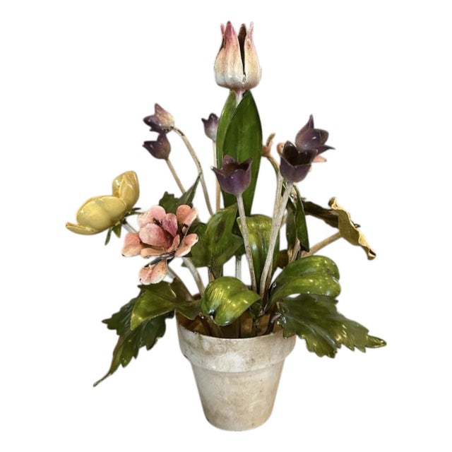 Vintage Italian Tole Potted Flowers / Floral Toleware Arrangement Sculpture With Tulip, Buttercup and Lily Blooms For Sale
