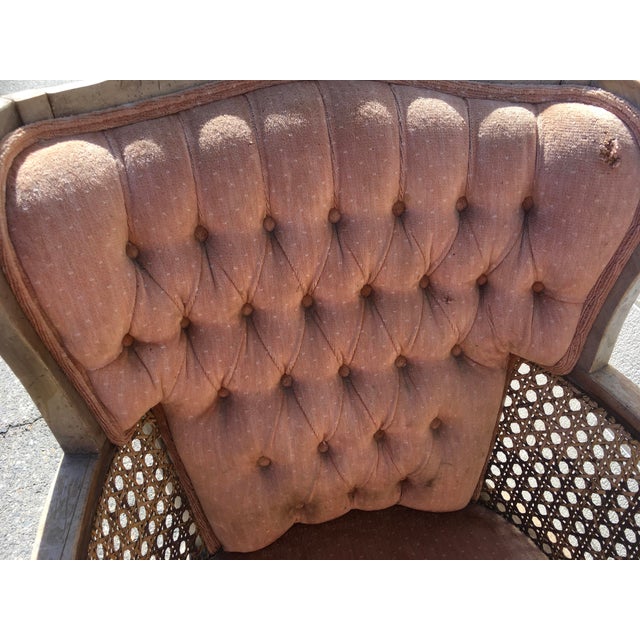 1960s era mid century vintage caned tufted back velvet or velour armchair set. Pink or mauve material. Caned chair set...